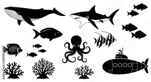 Photography Marine animals and submarine silhouettes set for underwater design
