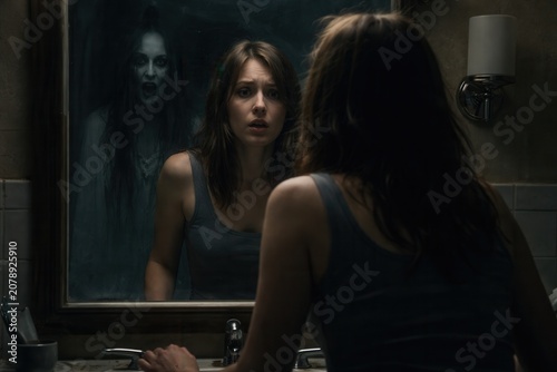 Frightened woman looking into haunted mirror with ghost reflection in dark horror bathroom scene