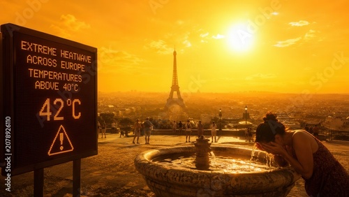 Extreme heatwave in Paris with 42 degree temperature display near Eiffel Tower during intense summer weather