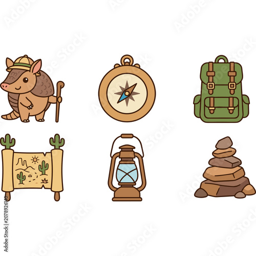 Canvas Print Cute Desert Adventure Icons: Armadillo, Compass, Backpack, Map, Lantern, Stone S