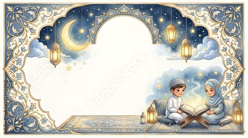 A beautiful watercolor illustration of a Muslim boy and girl reading the Quran, surrounded by ornate Islamic patterns, glowing lanterns, and a crescent moon.