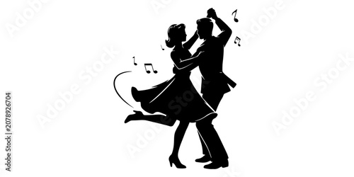 Couple dancing silhouette, woman twirling in dress, man holding hand, black on white background, Swing Dance silhouette vector white background ,