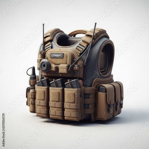 Tactical Vest with Pouches and Gear on White Background.