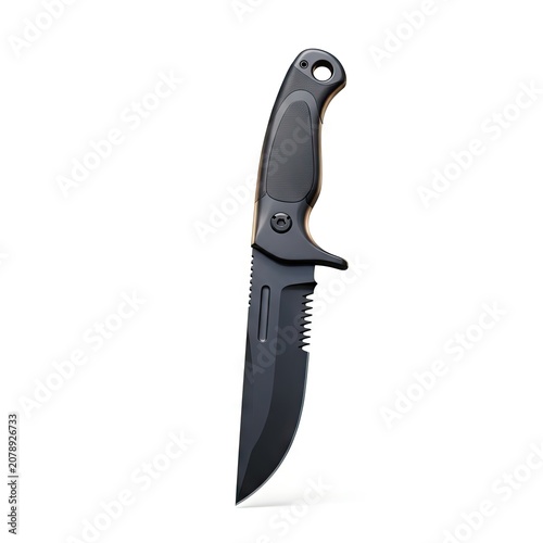 Black Tactical Knife with Serrated Blade and Ergonomic Handle on White Background.