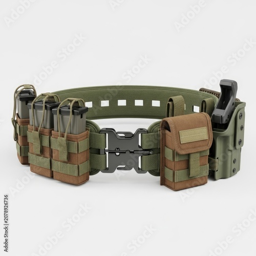 Tactical Belt with Pouches and Holster for Military and Outdoor Activities.