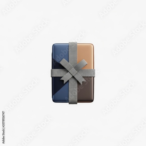 Stylish Gift Box with Grey Ribbon on White Background.