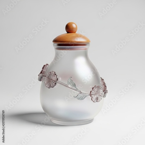 Elegant Frosted Glass Jar with Wooden Lid and Floral Embellishments.