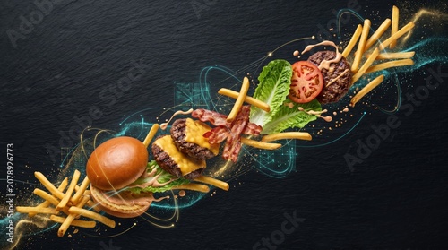 Deconstructed gourmet burger with fries and bacon artfully arranged with digital elements