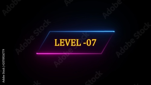 Level 07 text with neon geometric frame on black background number seven