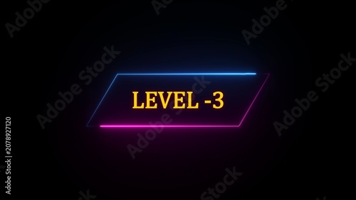 Neon sign with text LEVEL -3 in yellow against a black background with a blue and pink border level