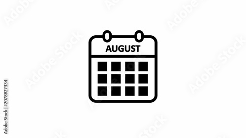 Outline icon of a calendar displaying the month of August on a white background date planner