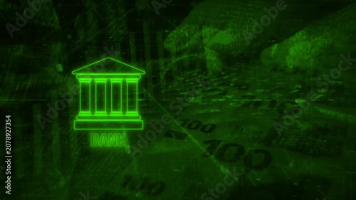 Abstract background. Hands on a keyboard with banknotes and a bank icon in a neon green style. The concept of finance and cybersecurity. 4K