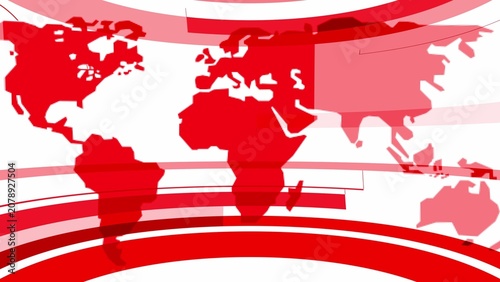 Red world map on a white background with abstract red and white curved lines and light rays global continents