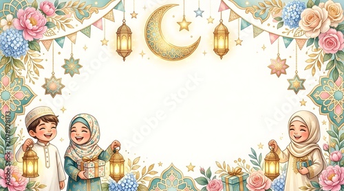 A premium festive frame featuring happy Muslim children, glowing lanterns, gifts, and elegant floral decorations with a crescent moon for Eid celebrations.