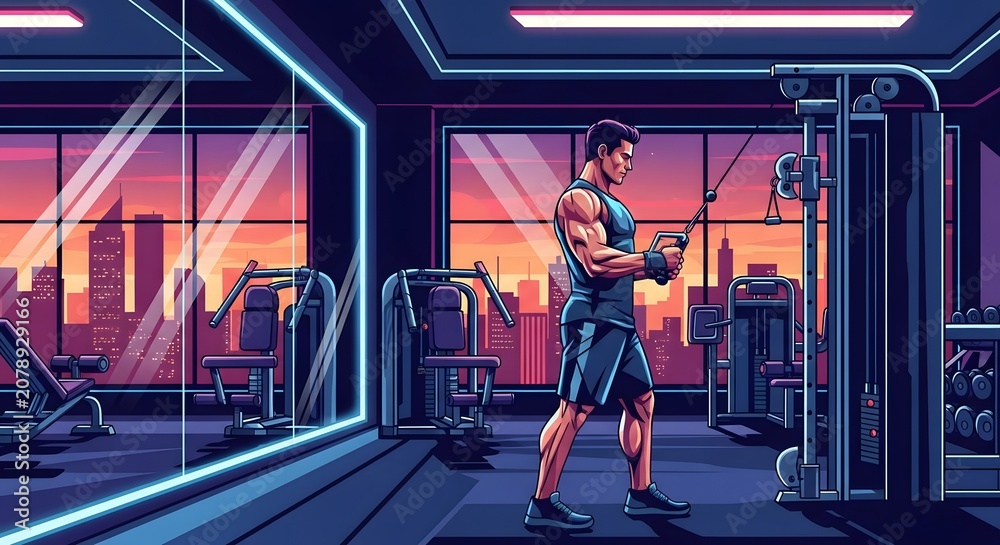 Obraz premium Bodybuilder performs a cable row exercise in a modern gym featuring a scenic city skyline at sunset.