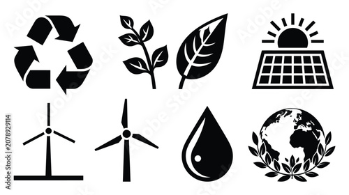 Sustainability icon vector set representing green energy sources