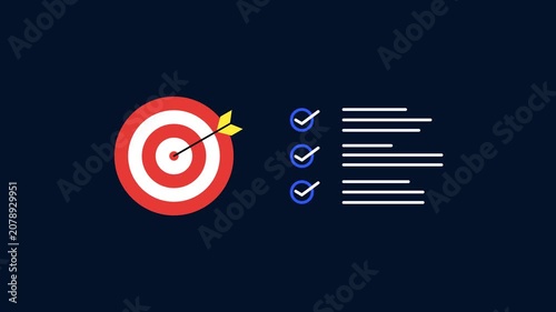 Target achievement checklist animation with bullseye goal icon and completed task list for business planning productivity and success