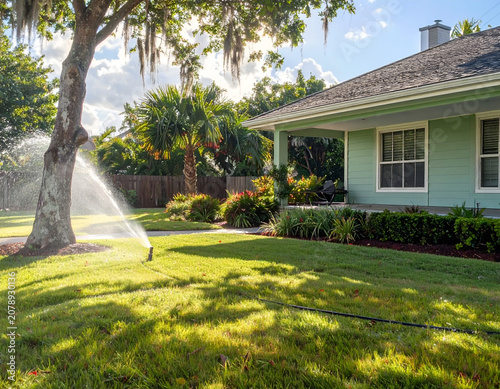 Automated Sprinkler System Watering Lush Green Lawn in Front of Suburban Home.