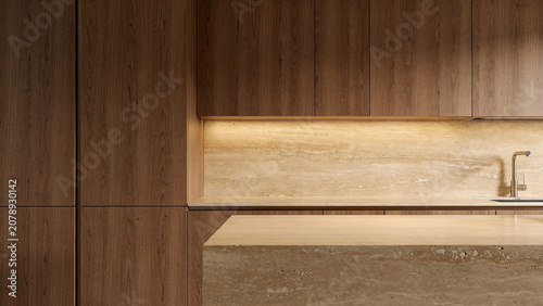 Modern Wooden Kitchen with Beige Stone Counter and Stainless Sink