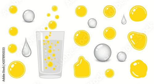 Foto Glass of water with rising yellow bubbles and liquid droplets
