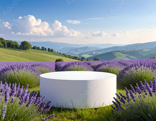 Empty White Podium Display in a Lavender Field with Rolling Hills Background.