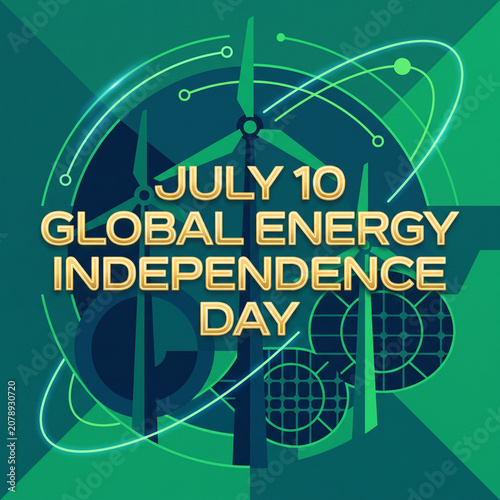 July 10 Global Energy Independence Day Gold Typography Wind Turbine Vector Poster