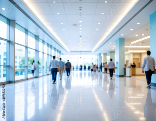 A blurred perspective captures a bustling interior hallway with large windows, showcasing a diverse group of people walking towards a bright, open space.
