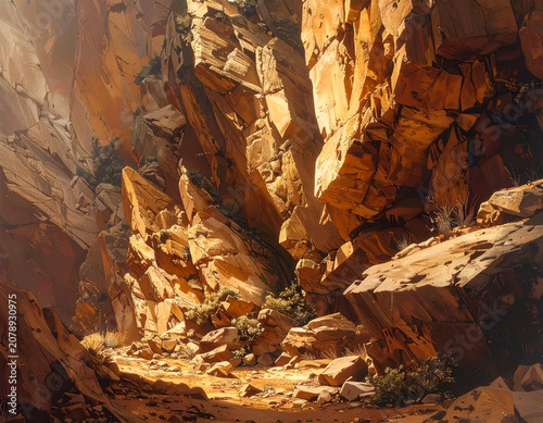 Dramatic Canyon Landscape with Sunlit Rock Formations.