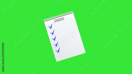 Animation of a notebook, a strategy plan, in a flat style on a chromakey background. 4K