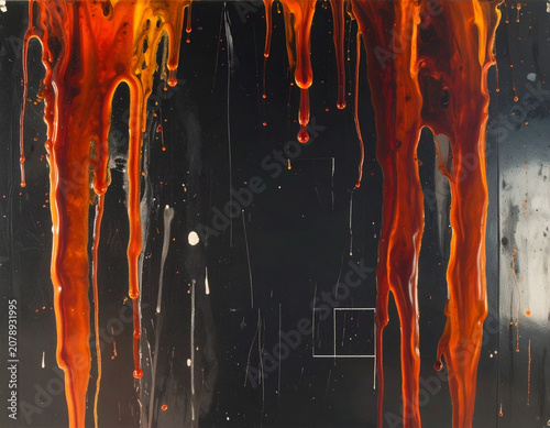 Abstract Orange Drips on Dark Textured Background.