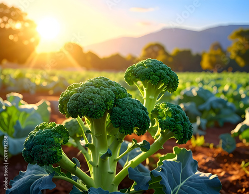 Fresh Broccoli Field at Sunrise with Golden Sun Rays.
