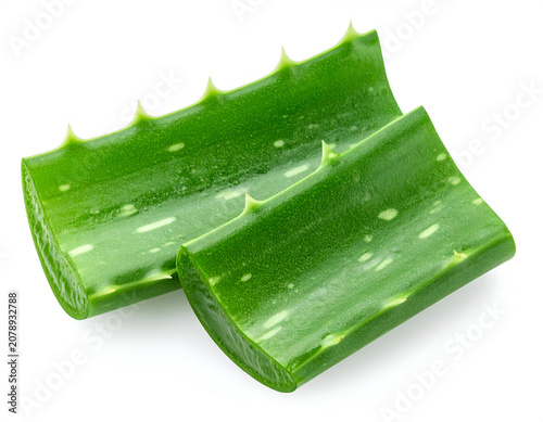 Fresh Aloe Vera Plant Slices Isolated on White Background.