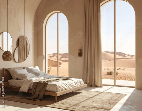 Luxurious Desert Oasis Bedroom with Panoramic Arched Windows.