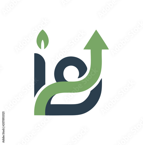 Modern growth logo combining alphabet letters with a green leaf.