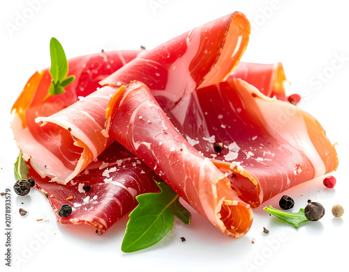 Gourmet Prosciutto Ham Slices with Fresh Greens and Peppercorns.