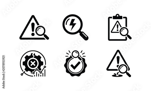Set of alert and warning icons with magnifying glass symbols.
