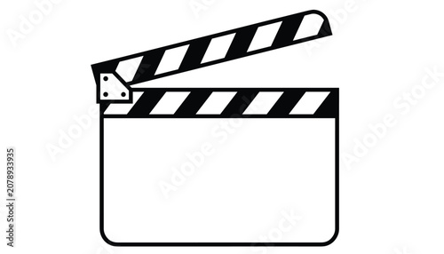 Blank black and white movie clapperboard icon with open clapboard on a white background, representing film industry.