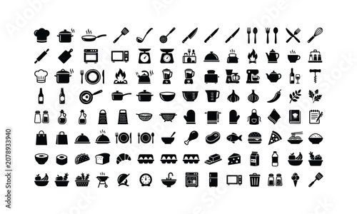 Set of various kitchen tools and cooking related food icons.