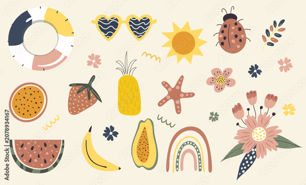 Naklejka premium Boho summer kids clipart set with isolated tropical fruits, rainbow, sunglasses and beach elements. Muted terracotta and sage green vector collection.