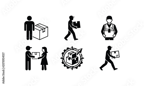 Delivery courier services icons with workers carrying parcels.