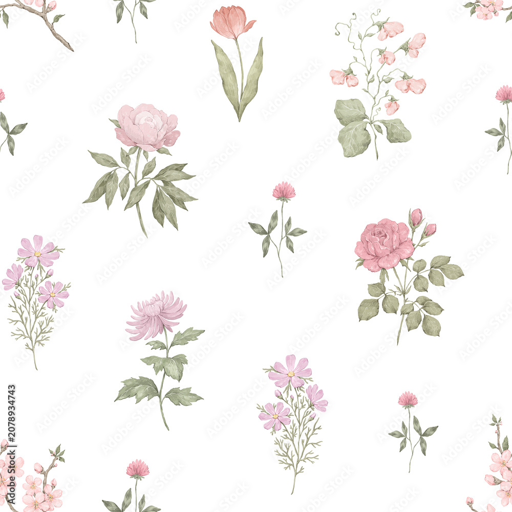 Fototapeta premium Seamless pattern with pink wildflowers. Rose, peony, clover, sweet pea, tulip, cosmos, cherry blossom, elegant botanical hand-drawn art