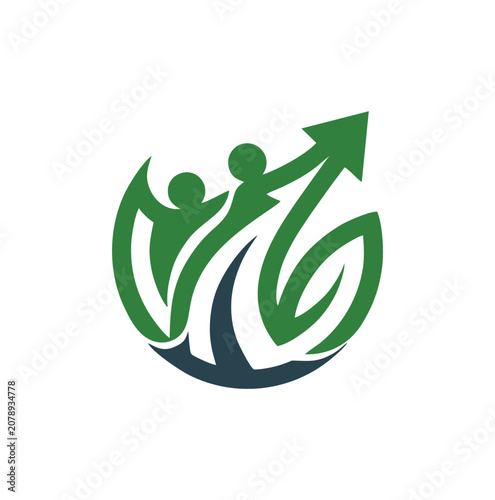 Professional success team logo featuring green leaves and active humans.
