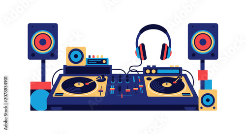 Obraz na plátně Professional dj music equipment with turntables and headphones