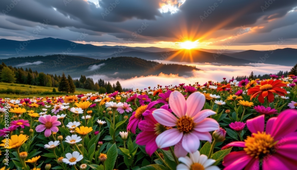 Fototapeta premium A vast field of wildflowers blooming beneath a dramatic sunrise