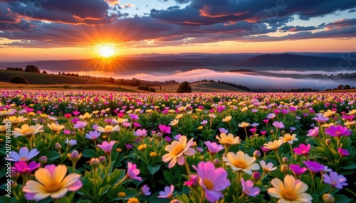 A vast field of wildflowers blooming beneath a dramatic sunrise