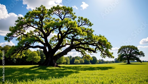 A majestic ancient tree standing alone in a tranquil meadow beneath soft blue skies