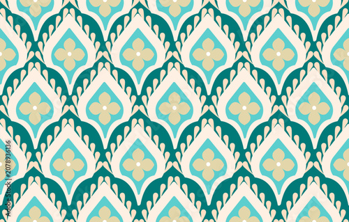 Seamless geometric floral pattern with elegant teardrop motifs, petal flowers, symmetrical ornamental shapes in teal, aqua, cream, and beige, retro repeating green background design, vector
