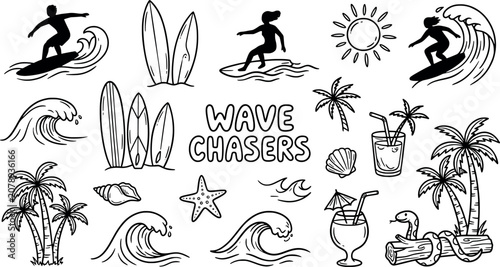 Konstfotografi Set of handdrawn surfing and beach elements isolated on white background