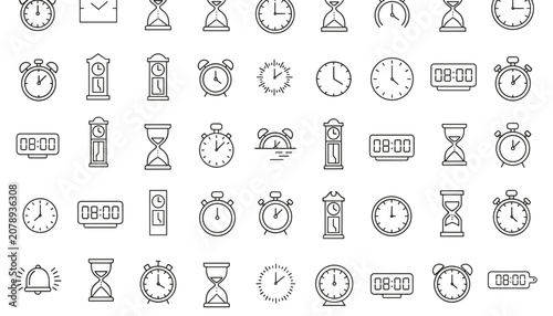 Detailed seamless pattern displays a variety of minimalist clock, hourglass, and stopwatch icons in black and white lines.