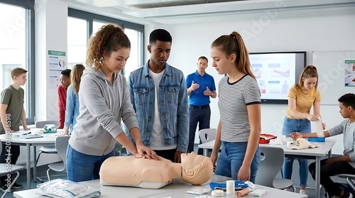 Group learning cardiopulmonary resuscitation technique on training dummy